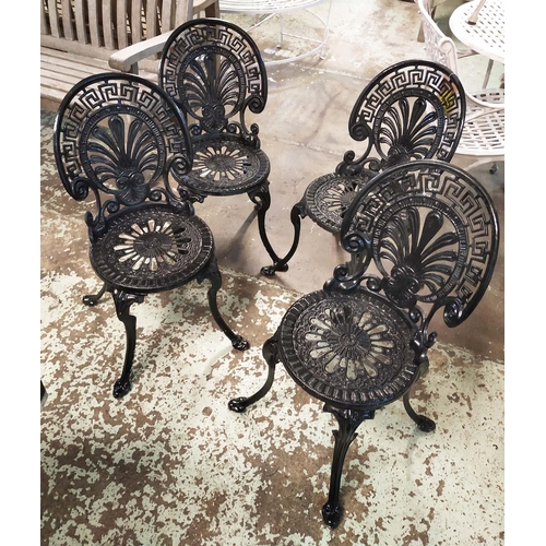 227 - COALBROOKDALE STYLE GARDEN DINING SET, including four chairs, 81.5cm H, and a table, 82cm diam. x 69... 