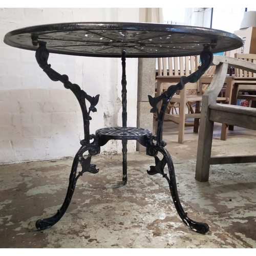 227 - COALBROOKDALE STYLE GARDEN DINING SET, including four chairs, 81.5cm H, and a table, 82cm diam. x 69... 