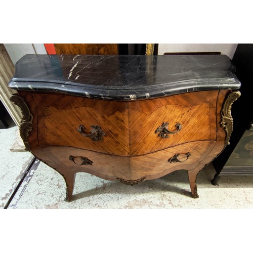 81 - BOMBE COMMODE, 126cm W x 95cm H x 51cm D, with a black marble top with gilt mounts, reproduction.