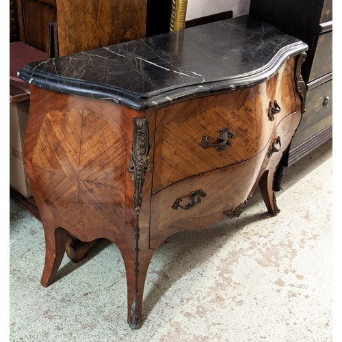 81 - BOMBE COMMODE, 126cm W x 95cm H x 51cm D, with a black marble top with gilt mounts, reproduction.