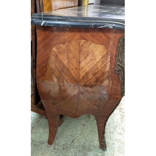 81 - BOMBE COMMODE, 126cm W x 95cm H x 51cm D, with a black marble top with gilt mounts, reproduction.