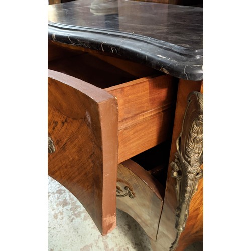 81 - BOMBE COMMODE, 126cm W x 95cm H x 51cm D, with a black marble top with gilt mounts, reproduction.