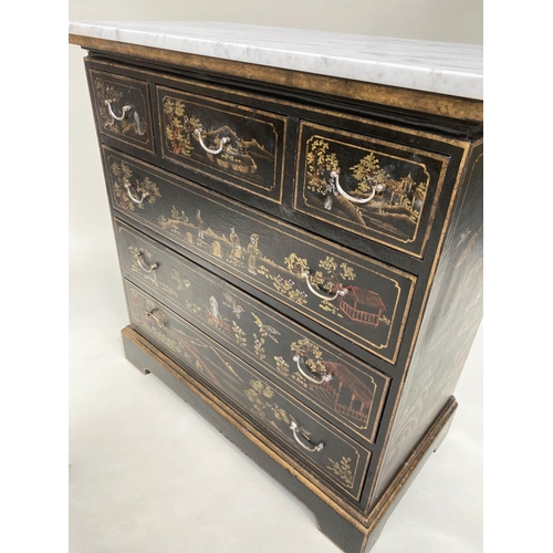 123 - CHINOISERIE CHEST, 43cm D x 86cm W x 86cm H, George III style, gilt Chinoiserie decorated, with thre... 