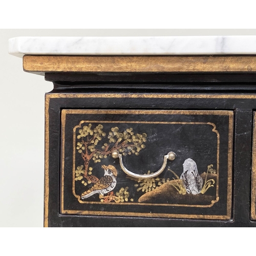 123 - CHINOISERIE CHEST, 43cm D x 86cm W x 86cm H, George III style, gilt Chinoiserie decorated, with thre... 