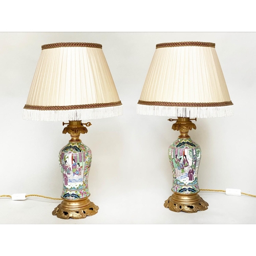 124 - TABLE LAMPS, a pair, 67cm H, Cantonese hand painted porcelain, baluster form, ormolu mounts and silk... 