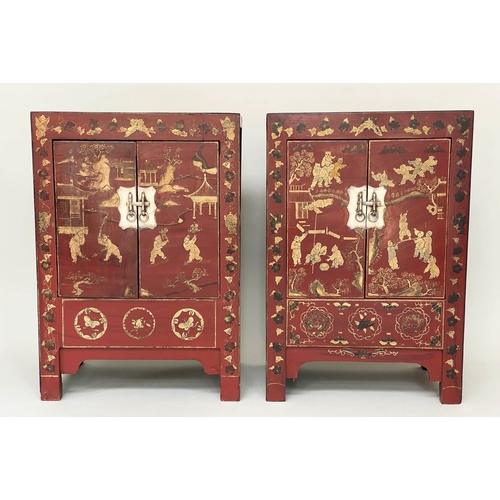 127 - CHINESE SIDE CABINETS, a pair, 60cm W x 86cm H x 40cm D,  early 20th century, scarlet lacquered and ... 