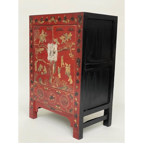 127 - CHINESE SIDE CABINETS, a pair, 60cm W x 86cm H x 40cm D,  early 20th century, scarlet lacquered and ... 