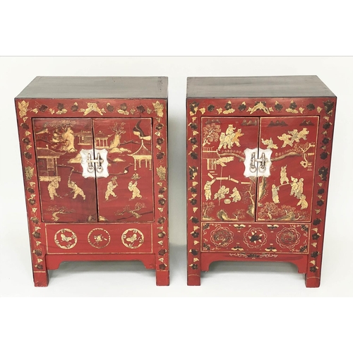 127 - CHINESE SIDE CABINETS, a pair, 60cm W x 86cm H x 40cm D,  early 20th century, scarlet lacquered and ... 