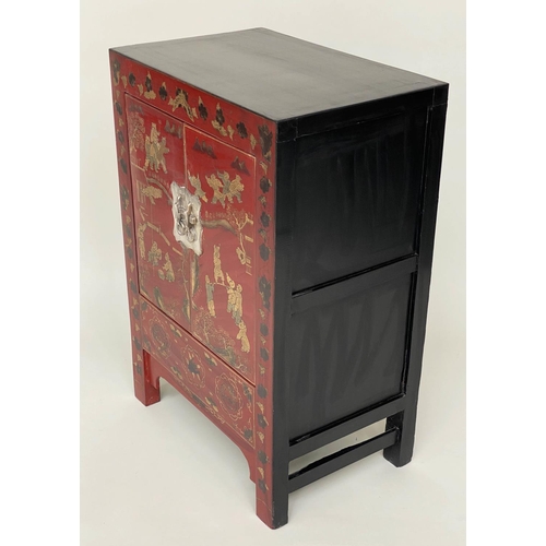 127 - CHINESE SIDE CABINETS, a pair, 60cm W x 86cm H x 40cm D,  early 20th century, scarlet lacquered and ... 