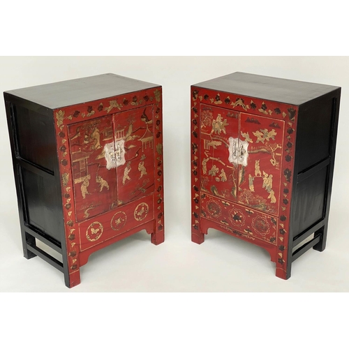 127 - CHINESE SIDE CABINETS, a pair, 60cm W x 86cm H x 40cm D,  early 20th century, scarlet lacquered and ... 