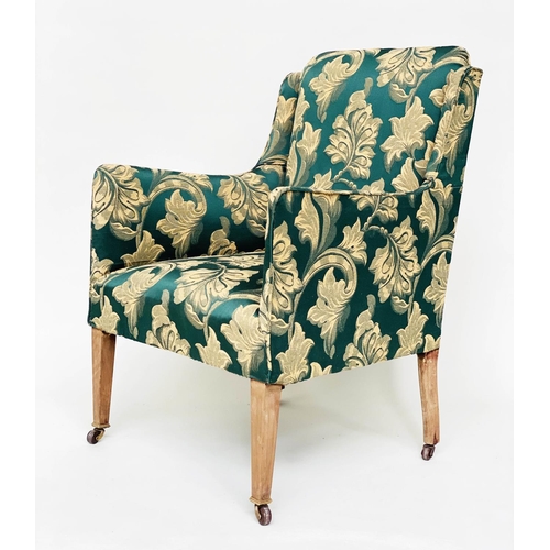 129 - ARMCHAIR, 57cm W, Edwardian, with green and yellow gold foliate woven upholstery, on tapering suppor... 