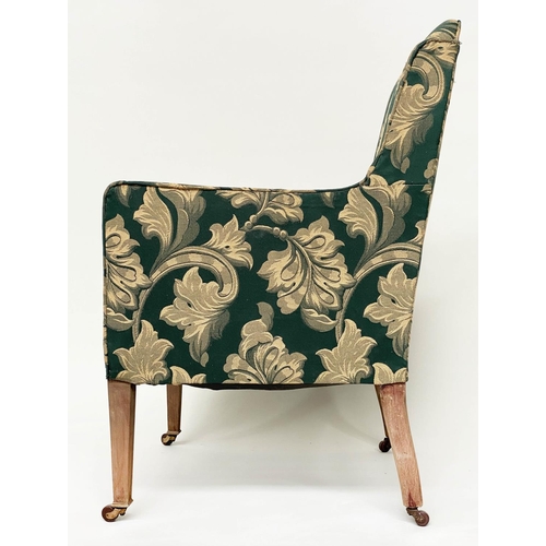 129 - ARMCHAIR, 57cm W, Edwardian, with green and yellow gold foliate woven upholstery, on tapering suppor... 