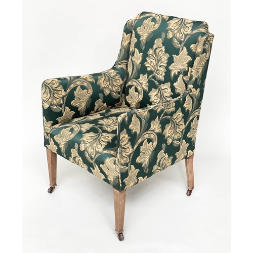 129 - ARMCHAIR, 57cm W, Edwardian, with green and yellow gold foliate woven upholstery, on tapering suppor... 