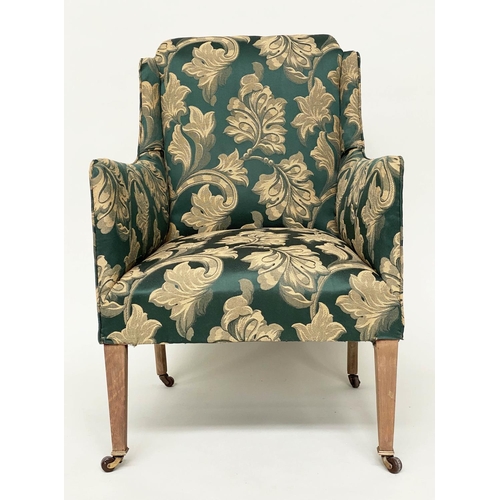 129 - ARMCHAIR, 57cm W, Edwardian, with green and yellow gold foliate woven upholstery, on tapering suppor... 