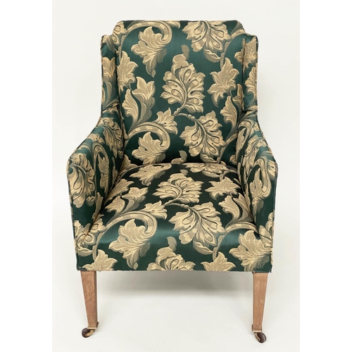 129 - ARMCHAIR, 57cm W, Edwardian, with green and yellow gold foliate woven upholstery, on tapering suppor... 