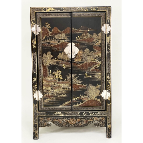 131 - SIDE CABINET, 100cm H x 32cm D x 57cm W, Chinese black lacquered, gilt Chinoiserie decorated and sil... 