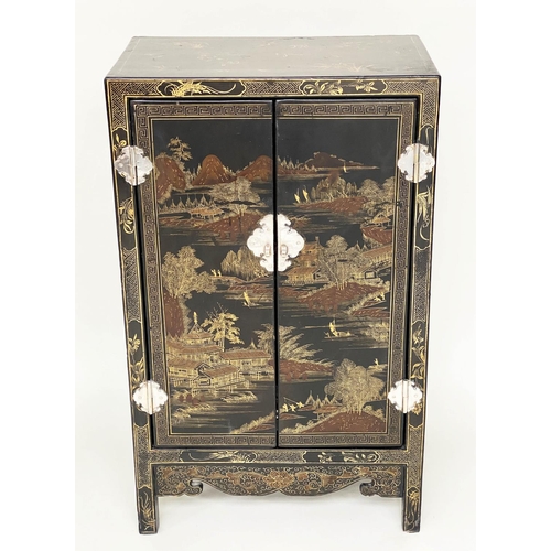 131 - SIDE CABINET, 100cm H x 32cm D x 57cm W, Chinese black lacquered, gilt Chinoiserie decorated and sil... 