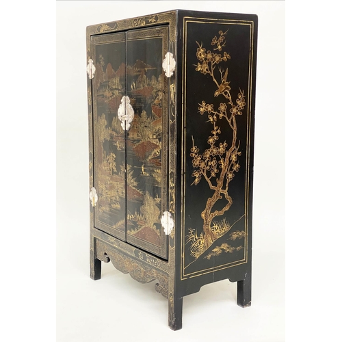 131 - SIDE CABINET, 100cm H x 32cm D x 57cm W, Chinese black lacquered, gilt Chinoiserie decorated and sil... 