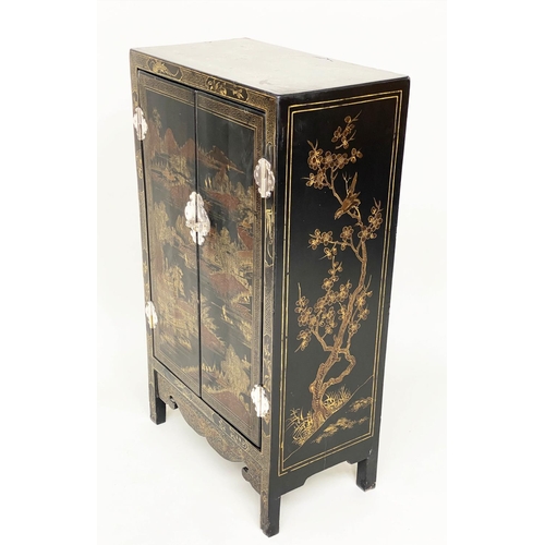 131 - SIDE CABINET, 100cm H x 32cm D x 57cm W, Chinese black lacquered, gilt Chinoiserie decorated and sil... 