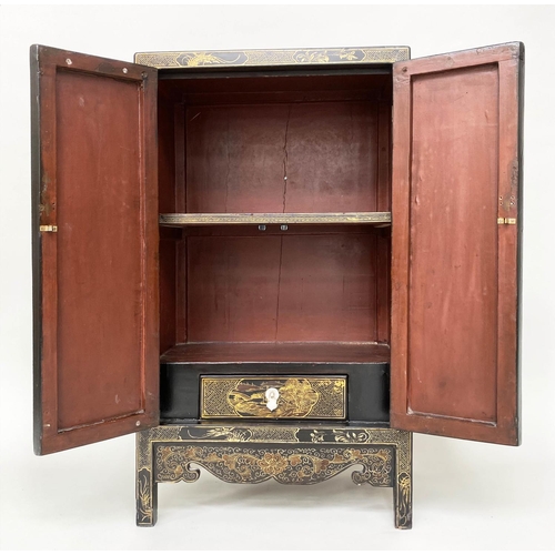 131 - SIDE CABINET, 100cm H x 32cm D x 57cm W, Chinese black lacquered, gilt Chinoiserie decorated and sil... 