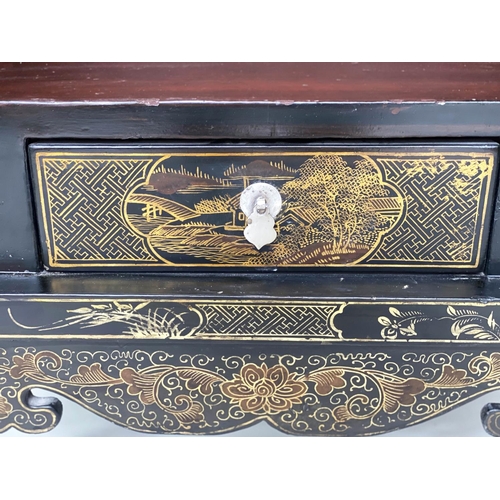 131 - SIDE CABINET, 100cm H x 32cm D x 57cm W, Chinese black lacquered, gilt Chinoiserie decorated and sil... 