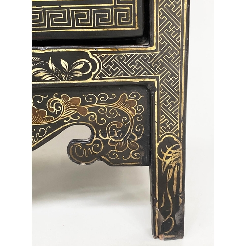 131 - SIDE CABINET, 100cm H x 32cm D x 57cm W, Chinese black lacquered, gilt Chinoiserie decorated and sil... 