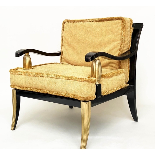 132 - ARMCHAIR, 76cm W x 90cm H, Hollywood Regency style, black lacquered and reeded giltwood, sabre suppo... 