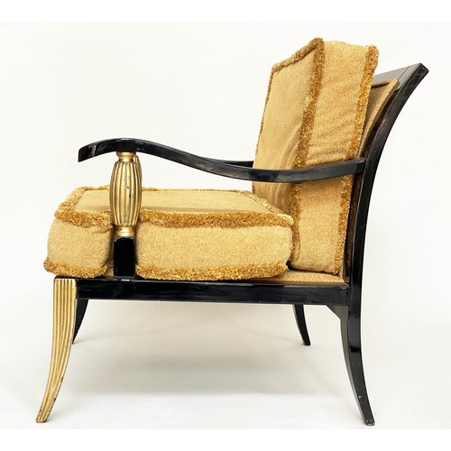 132 - ARMCHAIR, 76cm W x 90cm H, Hollywood Regency style, black lacquered and reeded giltwood, sabre suppo... 