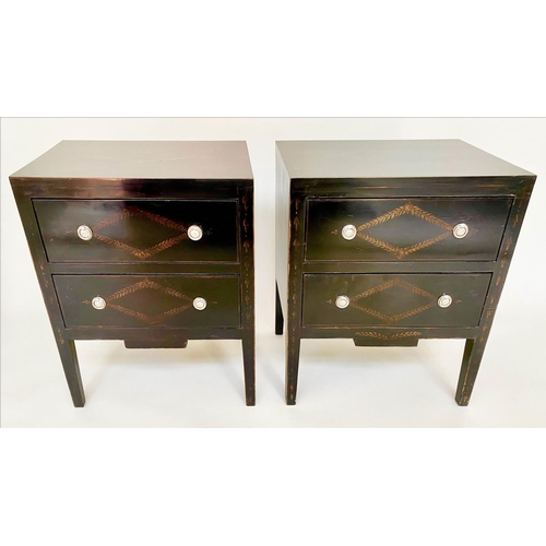 133 - BEDSIDE CHESTS, a pair, 59cm W x 41cm D x 70cm H, Empire style, lacquered and gilt decorated, each w... 