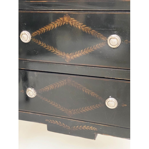 133 - BEDSIDE CHESTS, a pair, 59cm W x 41cm D x 70cm H, Empire style, lacquered and gilt decorated, each w... 