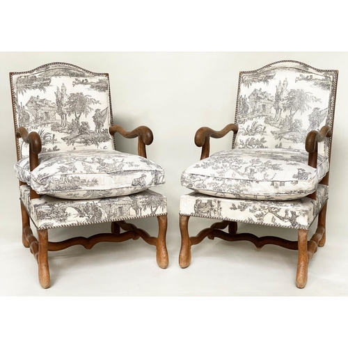 135 - FAUTEUILS, a pair, 52cm W, French, oak framed with studded toile de jouy print fabric upholstery. (2... 