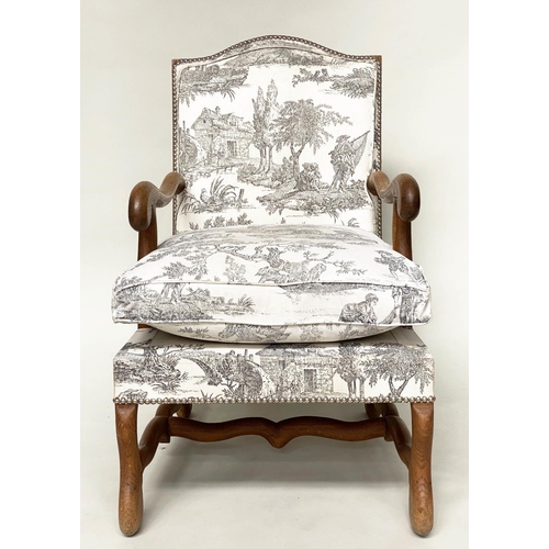 135 - FAUTEUILS, a pair, 52cm W, French, oak framed with studded toile de jouy print fabric upholstery. (2... 