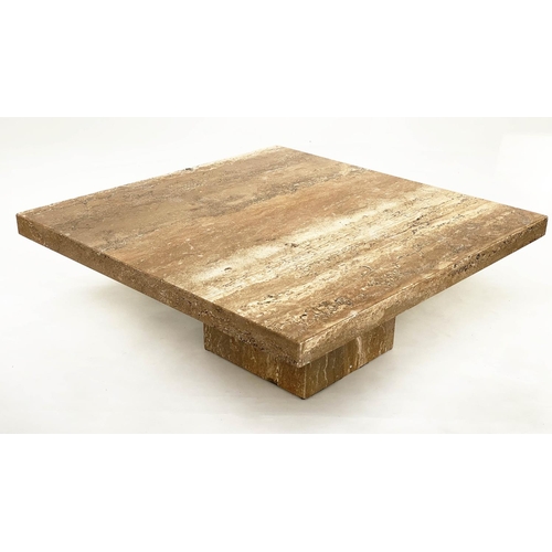 136 - TRAVERTINE LOW TABLE, 105cm sq. x 40cm H, Italian, with conforming plinth base.