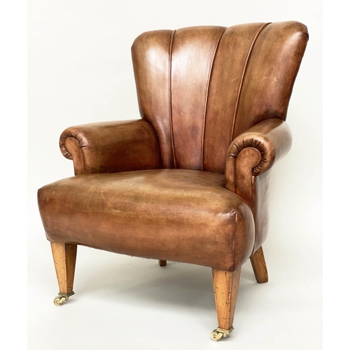 139 - ARMCHAIR, 70cm W, Art Deco style, light brown leather upholstered, with channelled back, scroll arms... 