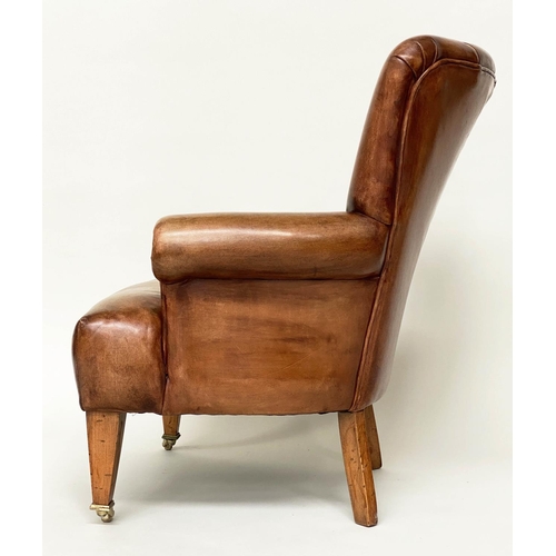 139 - ARMCHAIR, 70cm W, Art Deco style, light brown leather upholstered, with channelled back, scroll arms... 