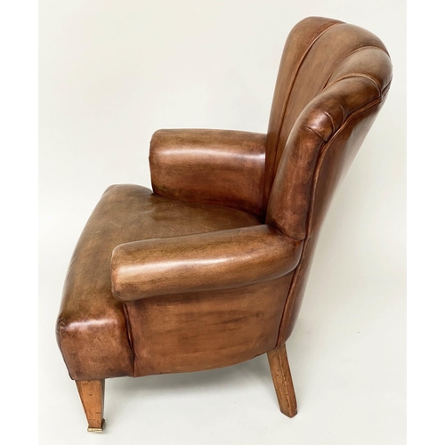 139 - ARMCHAIR, 70cm W, Art Deco style, light brown leather upholstered, with channelled back, scroll arms... 