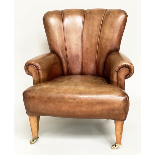 139 - ARMCHAIR, 70cm W, Art Deco style, light brown leather upholstered, with channelled back, scroll arms... 