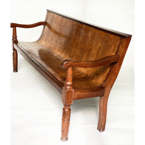 140 - BENCH, 195cm W, Victorian mahogany, with pierced bent ply fruitwood seat.