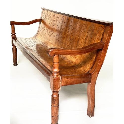 140 - BENCH, 195cm W, Victorian mahogany, with pierced bent ply fruitwood seat.