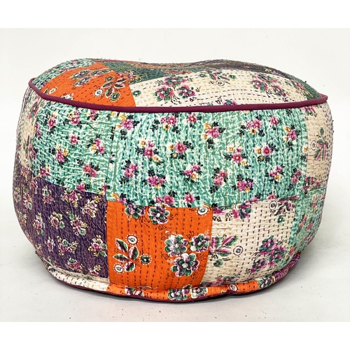 141 - POUFFE, 45cm H x 67cm diam., circular drum form, piped Indian woven fabric.