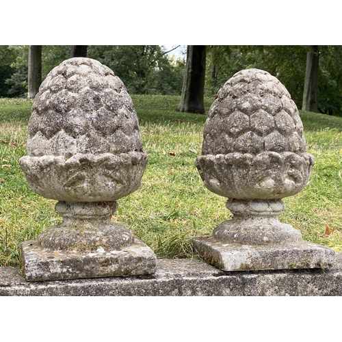 142 - PINEAPPLE FINIALS, a pair, 49cm H, well weathered, reconstituted stone, with square bases. (2)