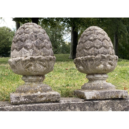 142 - PINEAPPLE FINIALS, a pair, 49cm H, well weathered, reconstituted stone, with square bases. (2)