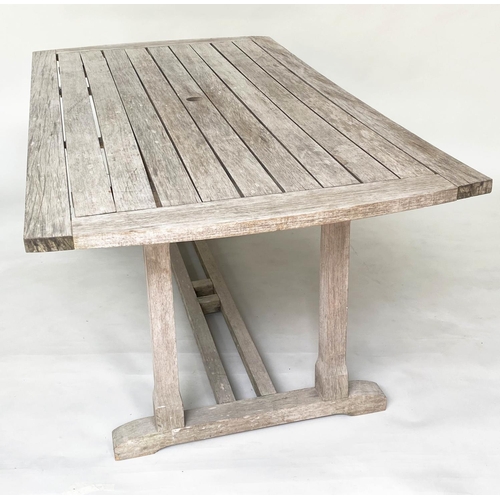 143 - GARDEN TABLE, 184cm W x 97cm D x 72cm H, weathered teak and slatted, with bowed ends and stretchered... 
