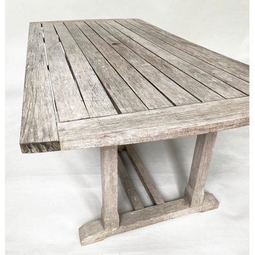 143 - GARDEN TABLE, 184cm W x 97cm D x 72cm H, weathered teak and slatted, with bowed ends and stretchered... 