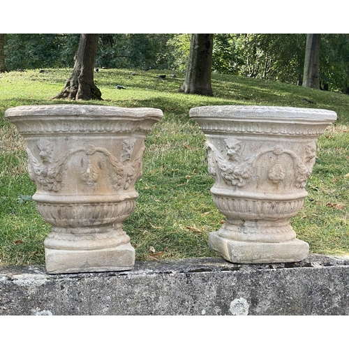 144 - PLANTERS, a pair, 51cm diam. x 52cm H, weathered reconstituted stone, of neo Classical form, with ri... 