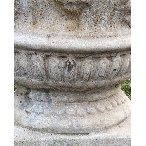 144 - PLANTERS, a pair, 51cm diam. x 52cm H, weathered reconstituted stone, of neo Classical form, with ri... 