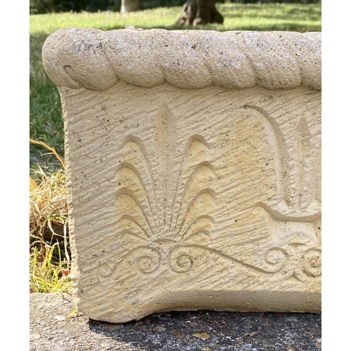 145 - WINDOW BOXES/PLANTERS, a pair, 54cm W x 20cm H x 30cm D, Cotswold stone style, with acanthus leaf de... 