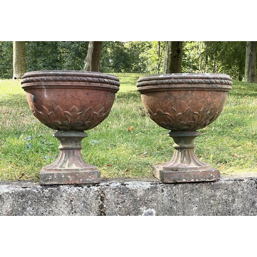 146 - TERRACE URNS, a pair, 39cm W x 42cm H, 19th century, weathered terracotta, of Classical urn form, wi... 