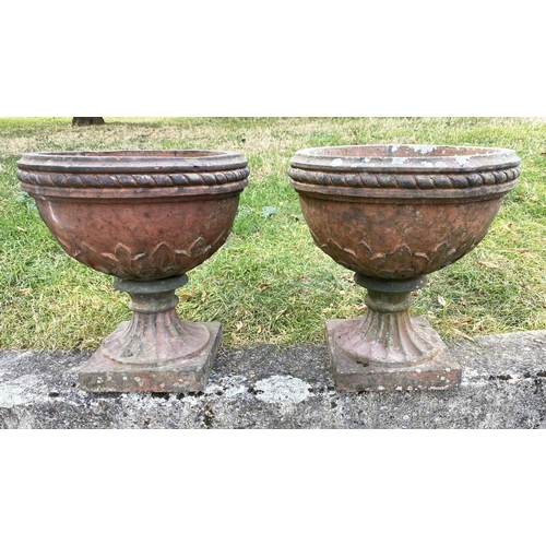 146 - TERRACE URNS, a pair, 39cm W x 42cm H, 19th century, weathered terracotta, of Classical urn form, wi... 