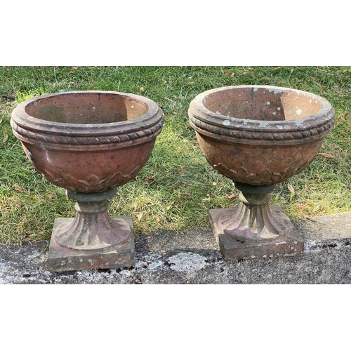 146 - TERRACE URNS, a pair, 39cm W x 42cm H, 19th century, weathered terracotta, of Classical urn form, wi... 